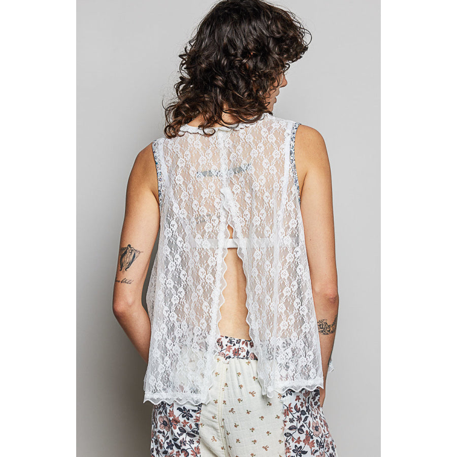 POL Printed Woven Lace Back Round Neck Sleeveless Top Apparel and Accessories