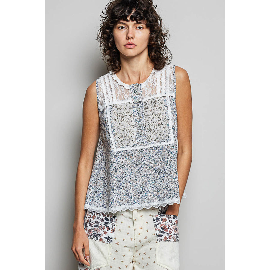 POL Printed Woven Lace Back Round Neck Sleeveless Top OFF WHITE / S Apparel and Accessories