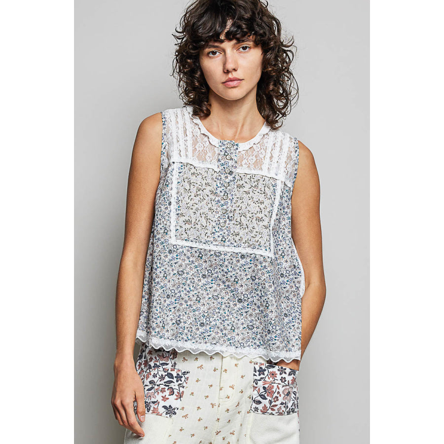 POL Printed Woven Lace Back Round Neck Sleeveless Top OFF WHITE / S Apparel and Accessories
