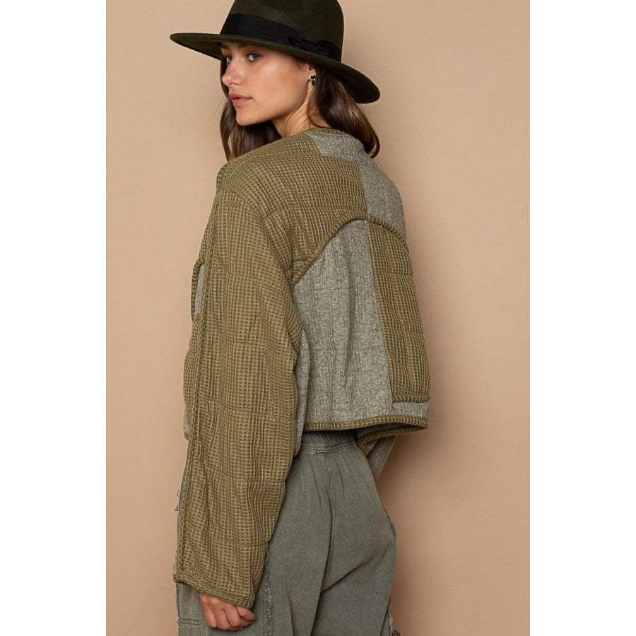 POL Quilted Knit Viding Detail Knit Patch Jacket Olive / S Apparel and Accessories