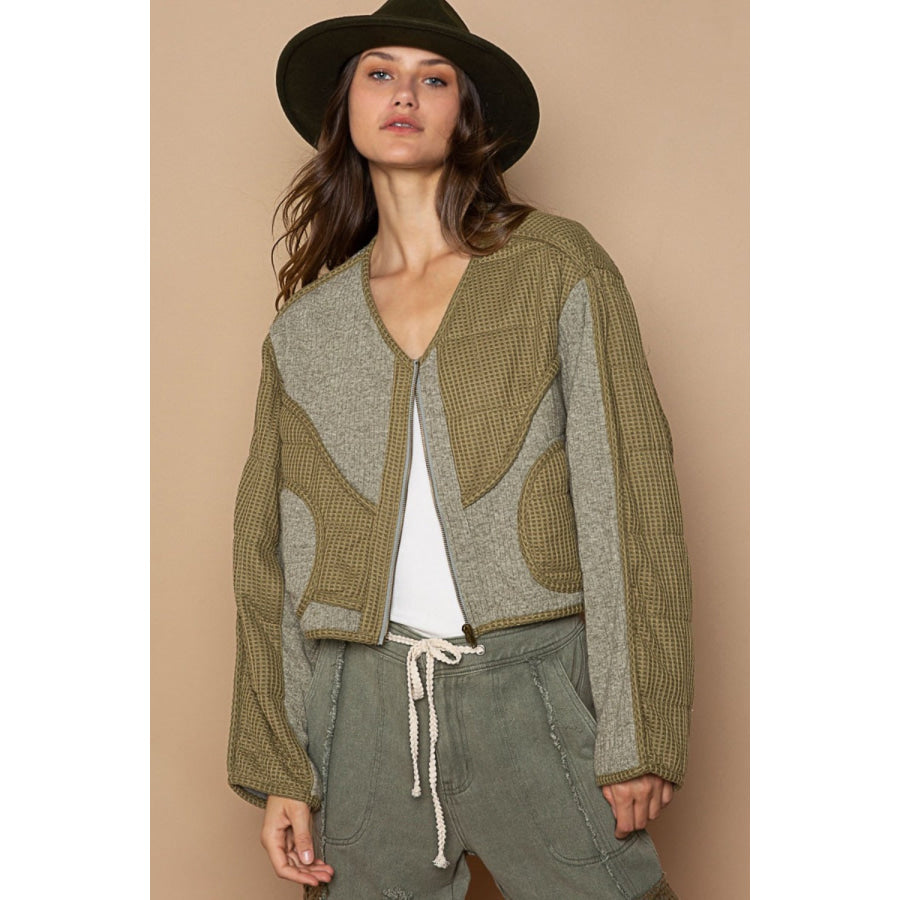 POL Quilted Knit Viding Detail Knit Patch Jacket Olive / S Apparel and Accessories