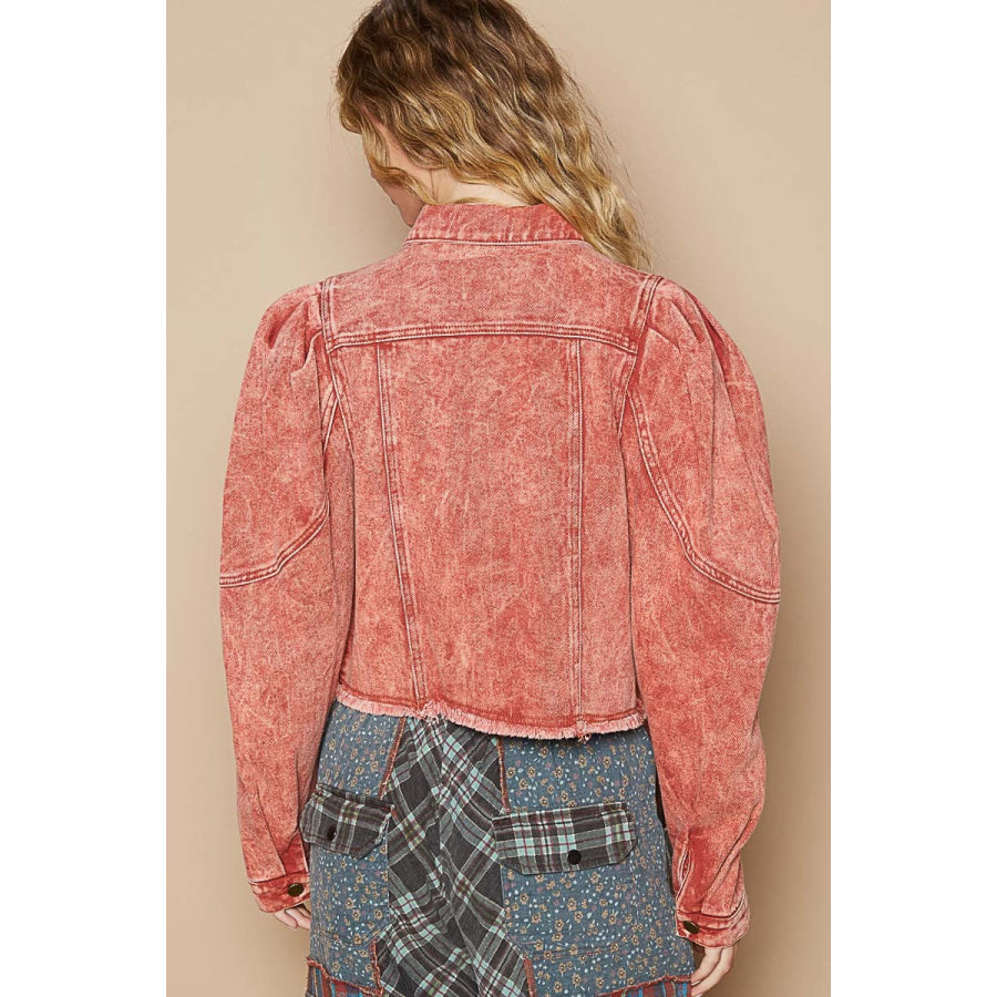 POL Raw Hem Button Up Cropped Denim Jacket Apparel and Accessories