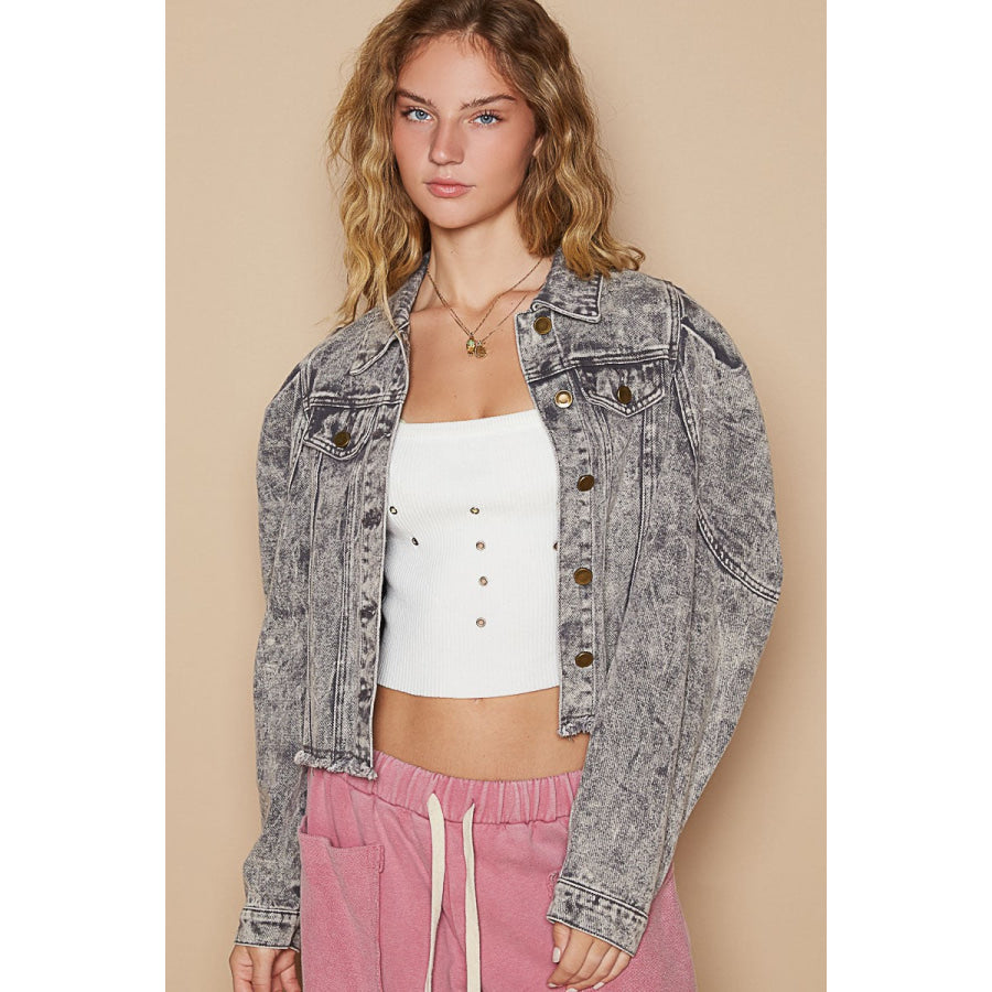 POL Raw Hem Button Up Cropped Denim Jacket Apparel and Accessories