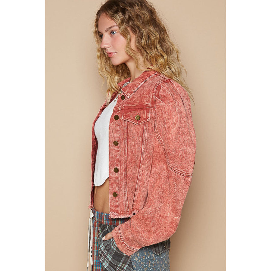 POL Raw Hem Button Up Cropped Denim Jacket Apparel and Accessories