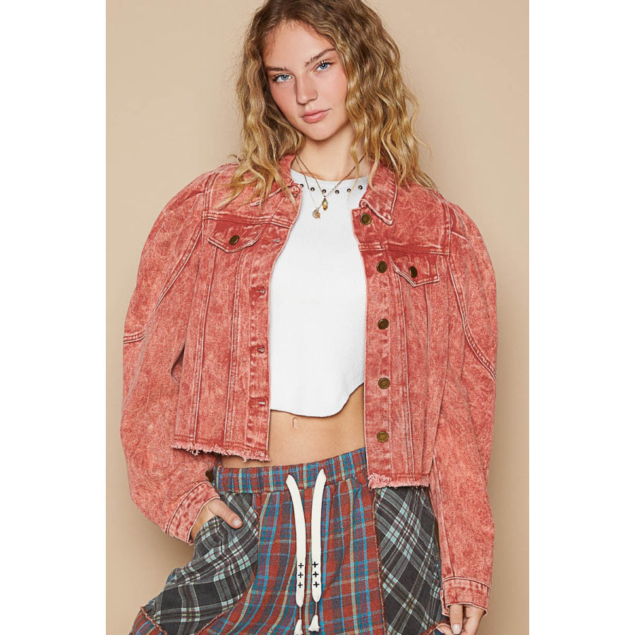 POL Raw Hem Button Up Cropped Denim Jacket Apparel and Accessories