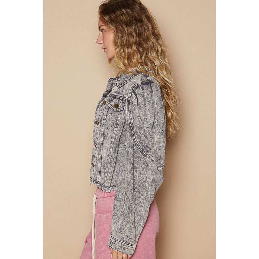 POL Raw Hem Button Up Cropped Denim Jacket Apparel and Accessories