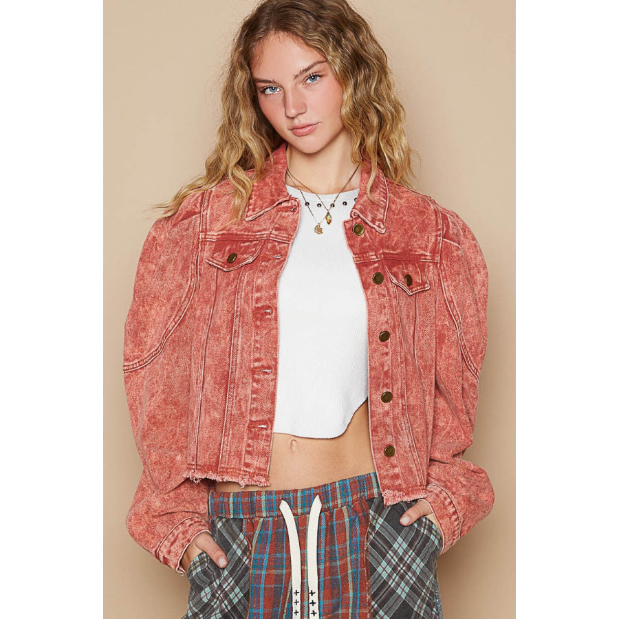 POL Raw Hem Button Up Cropped Denim Jacket Brick Red / S Apparel and Accessories