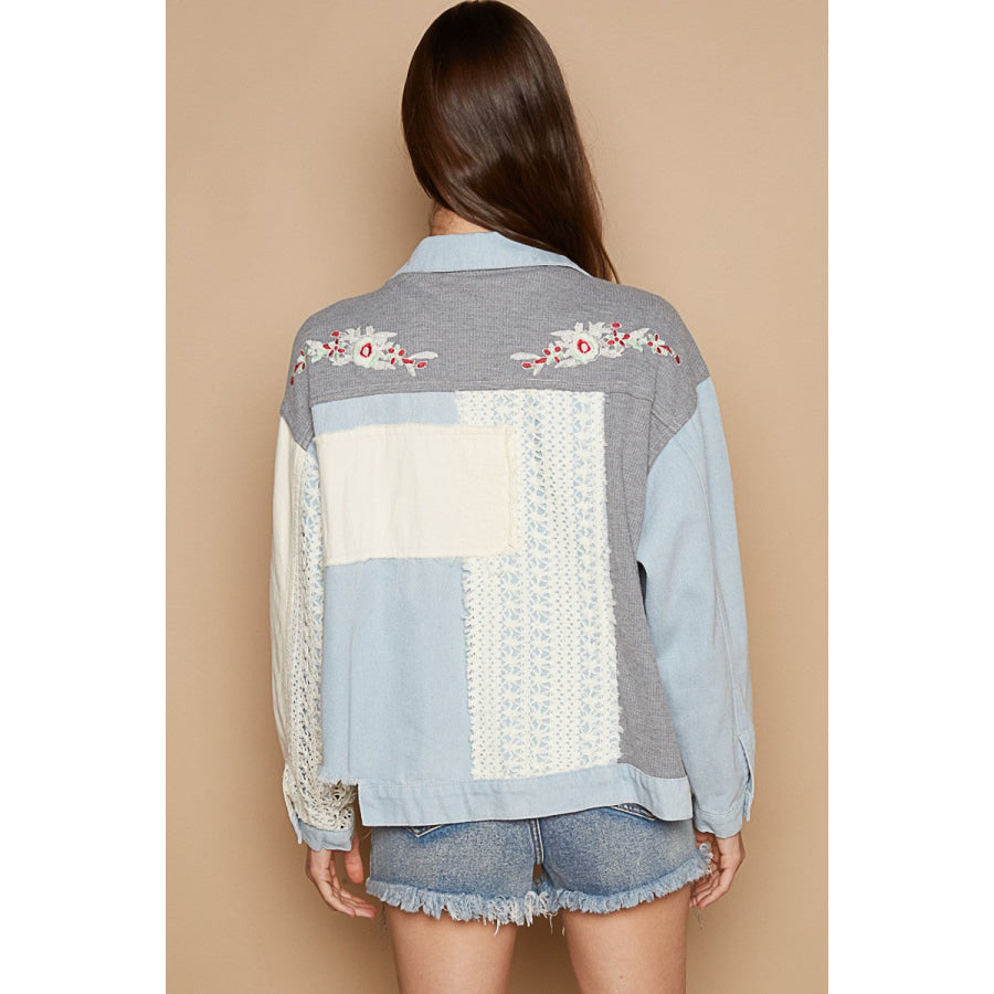 POL Raw Hem Crochet Embroidery Shacket with Chest Pockets Apparel and Accessories