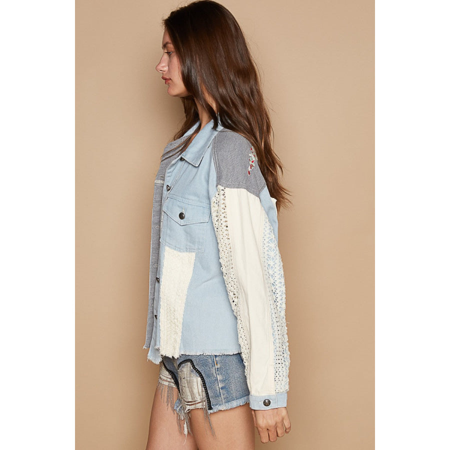 POL Raw Hem Crochet Embroidery Shacket with Chest Pockets Apparel and Accessories