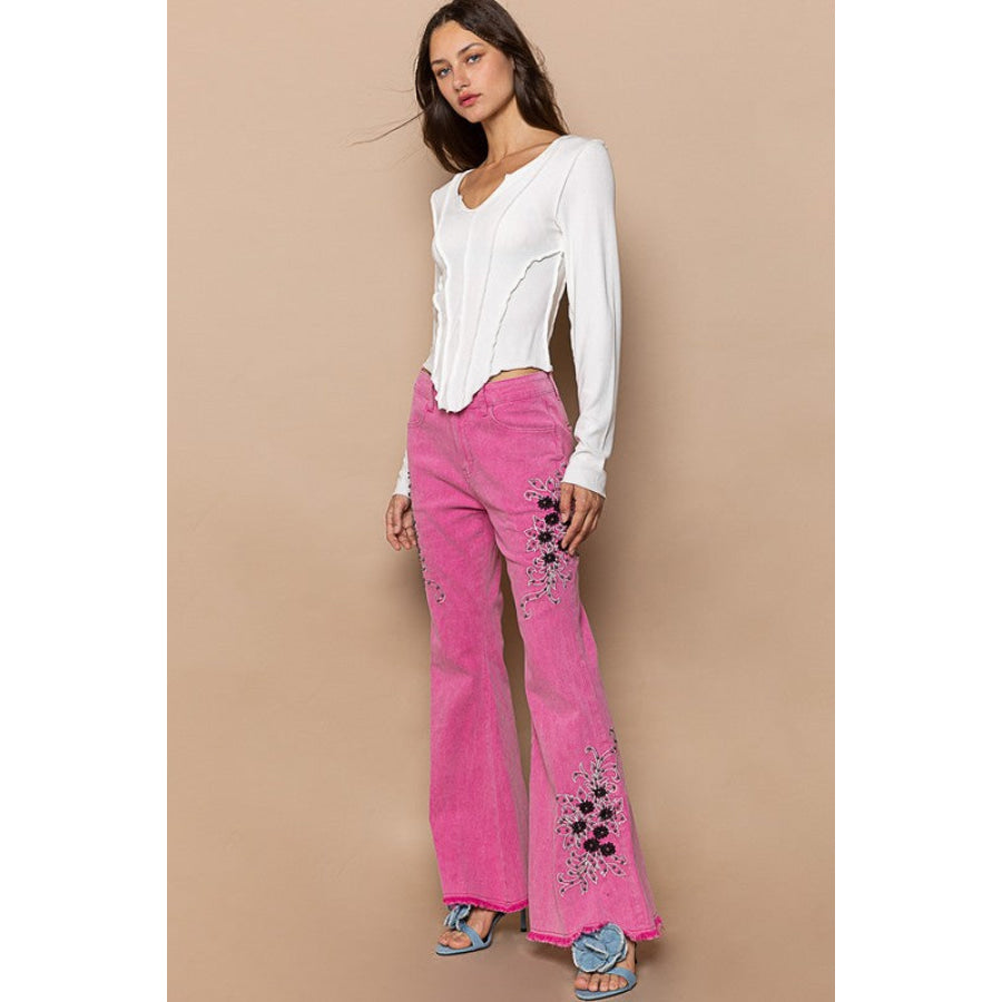 POL Raw Hem Embroidered Flare Pants Apparel and Accessories