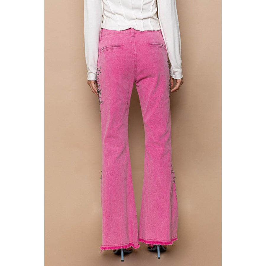 POL Raw Hem Embroidered Flare Pants Hot Pink / S Apparel and Accessories