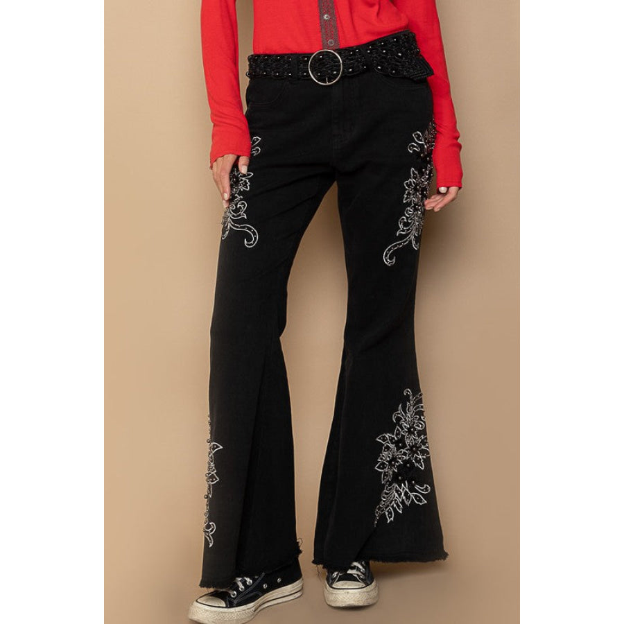 POL Raw Hem Embroidered Flare Pants Apparel and Accessories