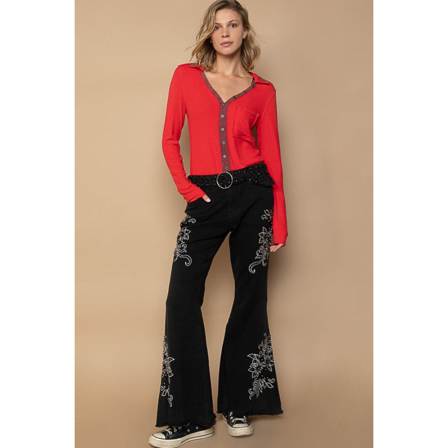 POL Raw Hem Embroidered Flare Pants Apparel and Accessories