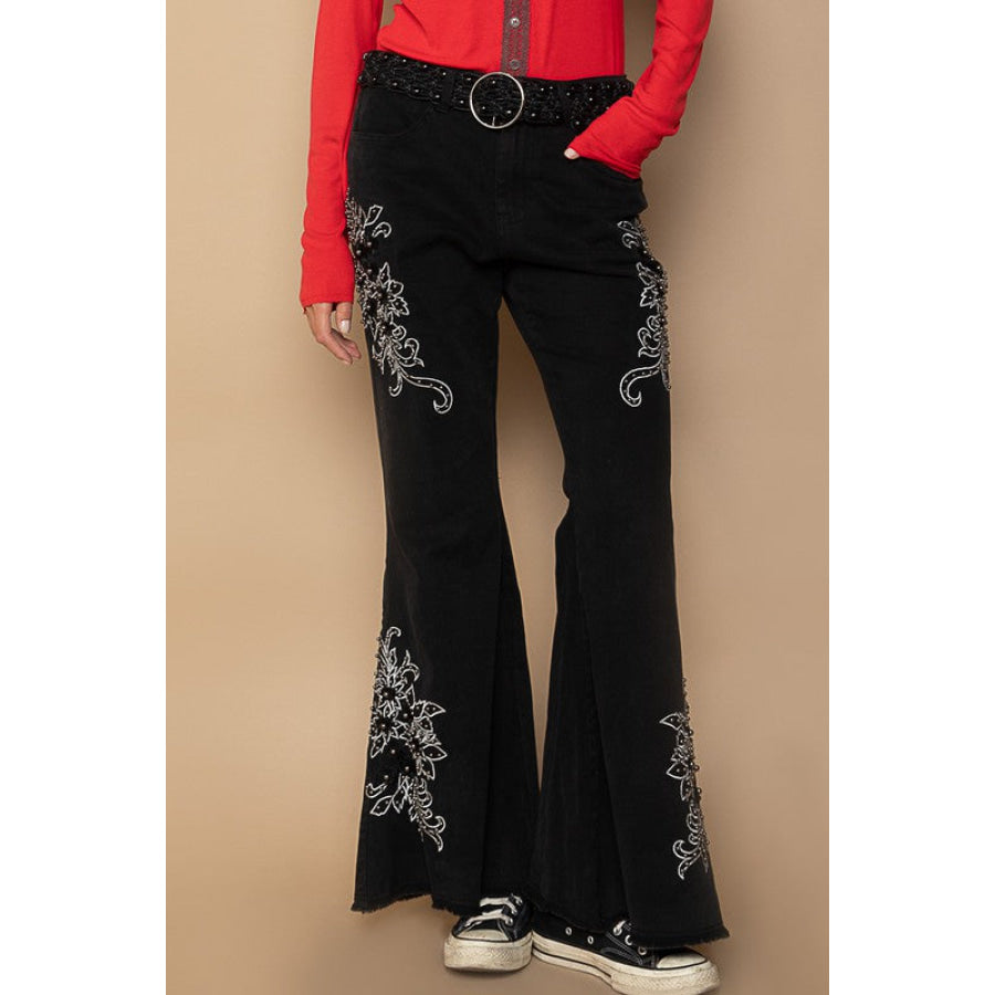 POL Raw Hem Embroidered Flare Pants Black / S Apparel and Accessories