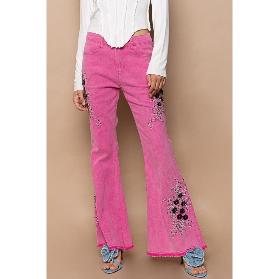 POL Raw Hem Embroidered Flare Pants Hot Pink / S Apparel and Accessories