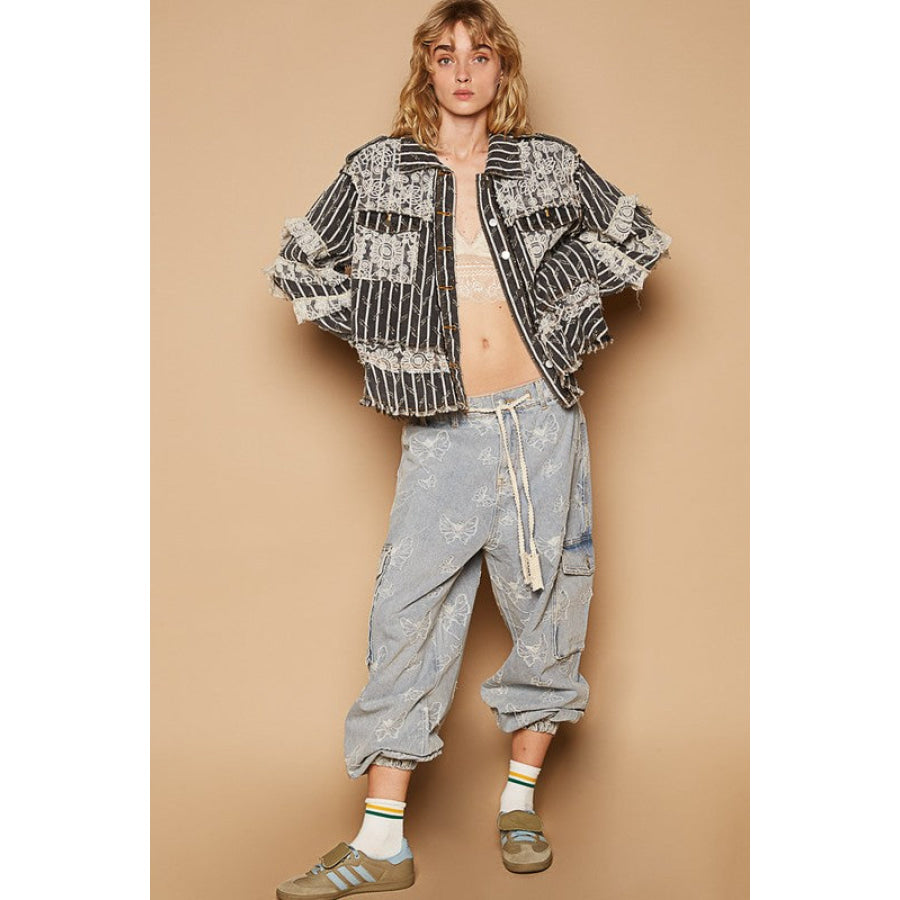 POL Raw Hem Lace Patch Flounce Sleeve Jacket Apparel and Accessories