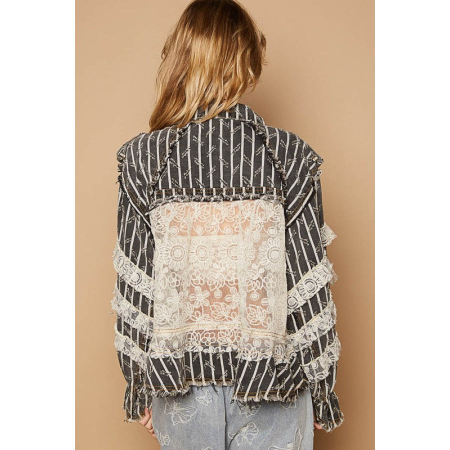 POL Raw Hem Lace Patch Flounce Sleeve Jacket Black / S Apparel and Accessories