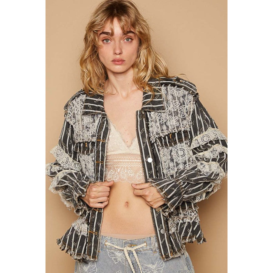 POL Raw Hem Lace Patch Flounce Sleeve Jacket Black / S Apparel and Accessories