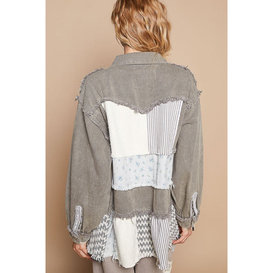 POL Raw Hem Patchwork Dropped Shoulder Jacket Apparel and Accessories