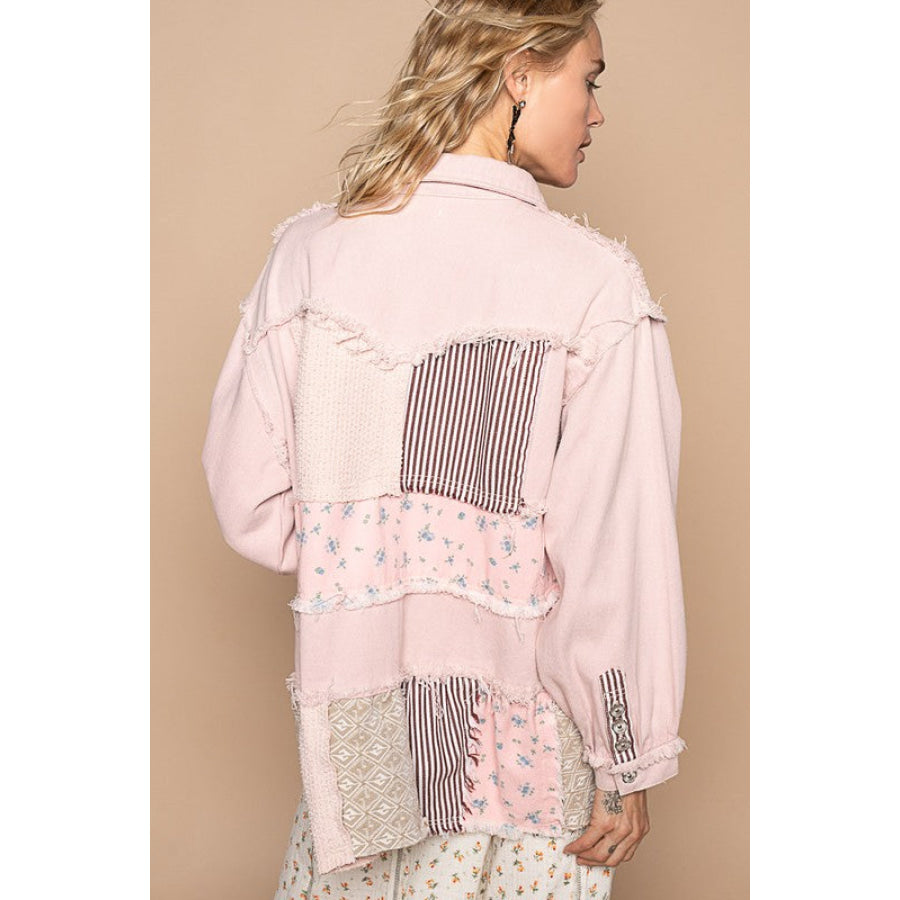 POL Raw Hem Patchwork Dropped Shoulder Jacket Blush Pink / S Apparel and Accessories