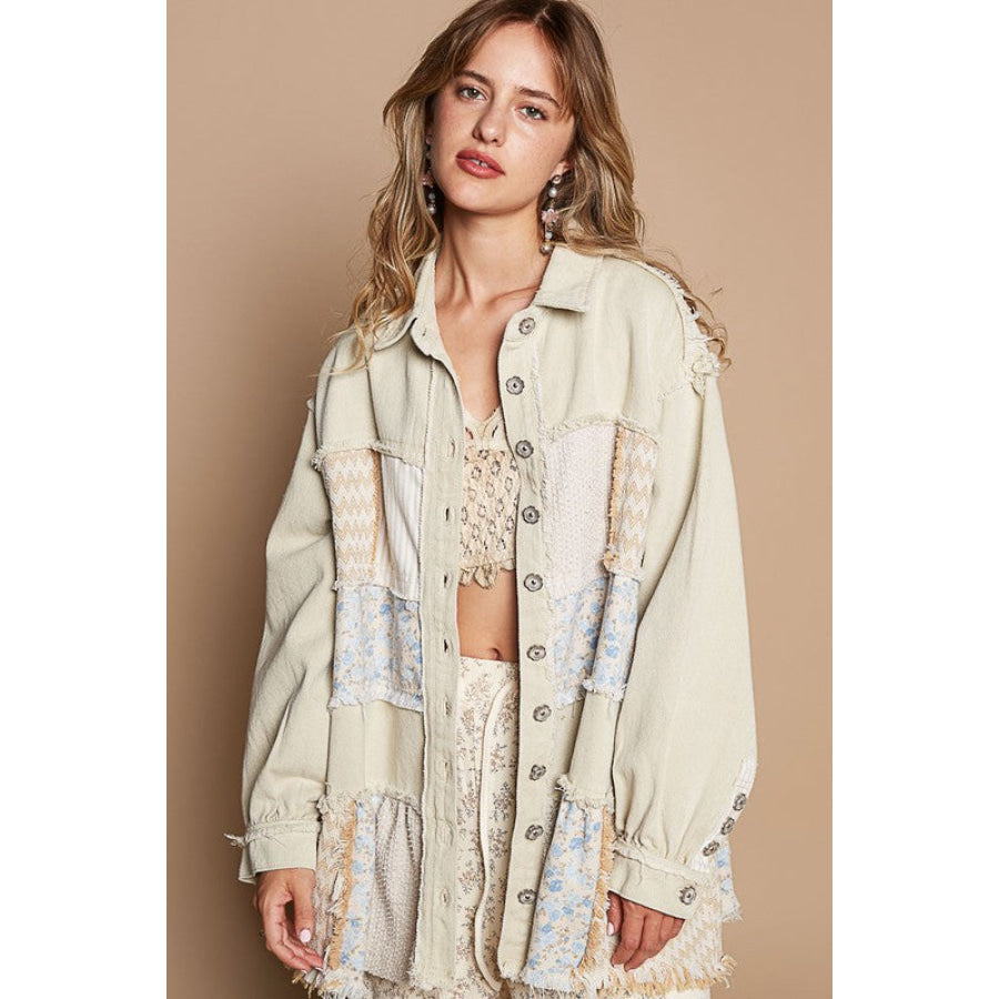 POL Raw Hem Patchwork Dropped Shoulder Jacket Beige / S Apparel and Accessories