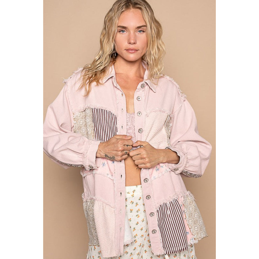 POL Raw Hem Patchwork Dropped Shoulder Jacket Blush Pink / S Apparel and Accessories