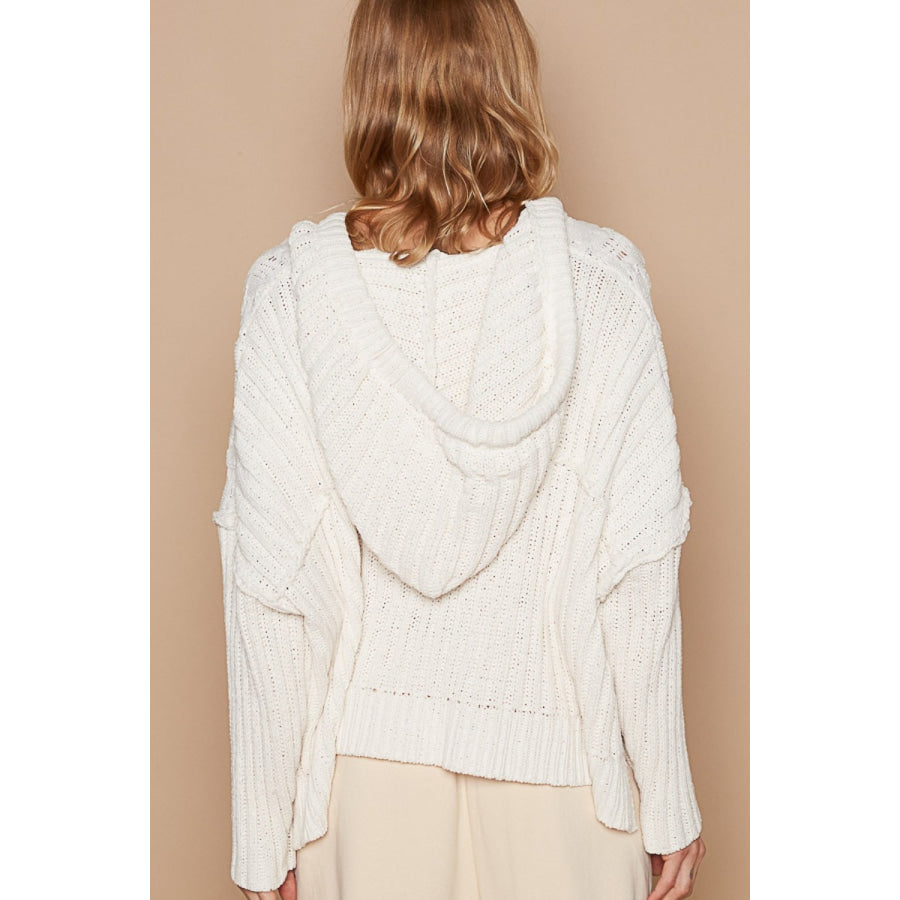 POL Rib Weave Sleeves Hooded Cable Knit Sweater Cream / S Apparel and Accessories