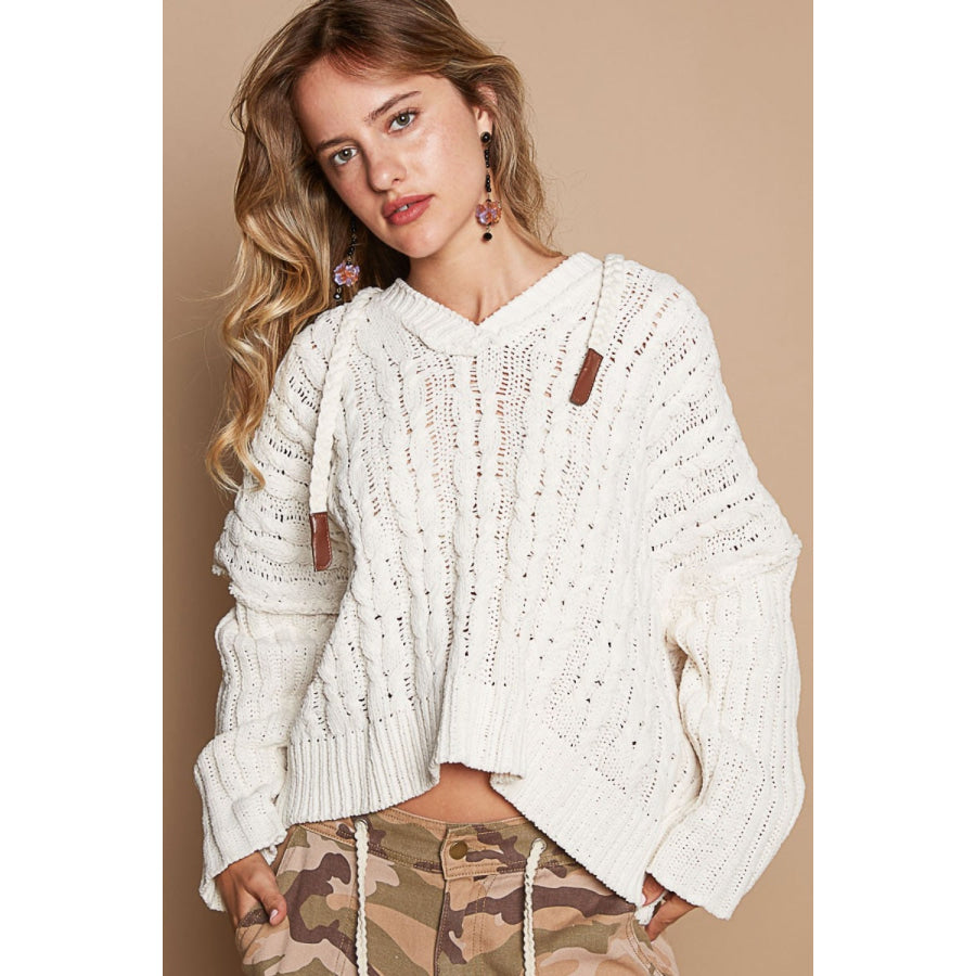 POL Rib Weave Sleeves Hooded Cable Knit Sweater Cream / S Apparel and Accessories