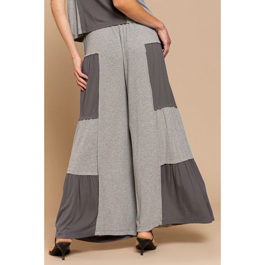 POL Ribbed Contrast Wide Leg Pants Grey / S Apparel and Accessories