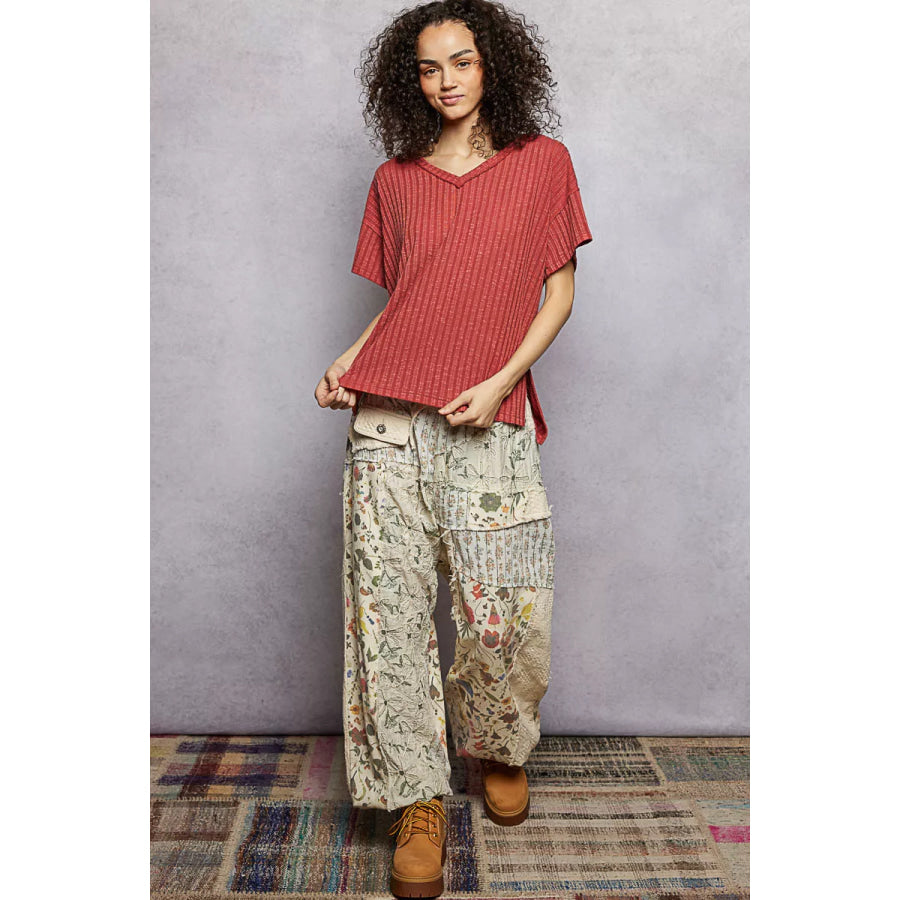 POL Ribbed Knit V-Neck Short Sleeve T-Shirt with Side Slit Apparel and Accessories