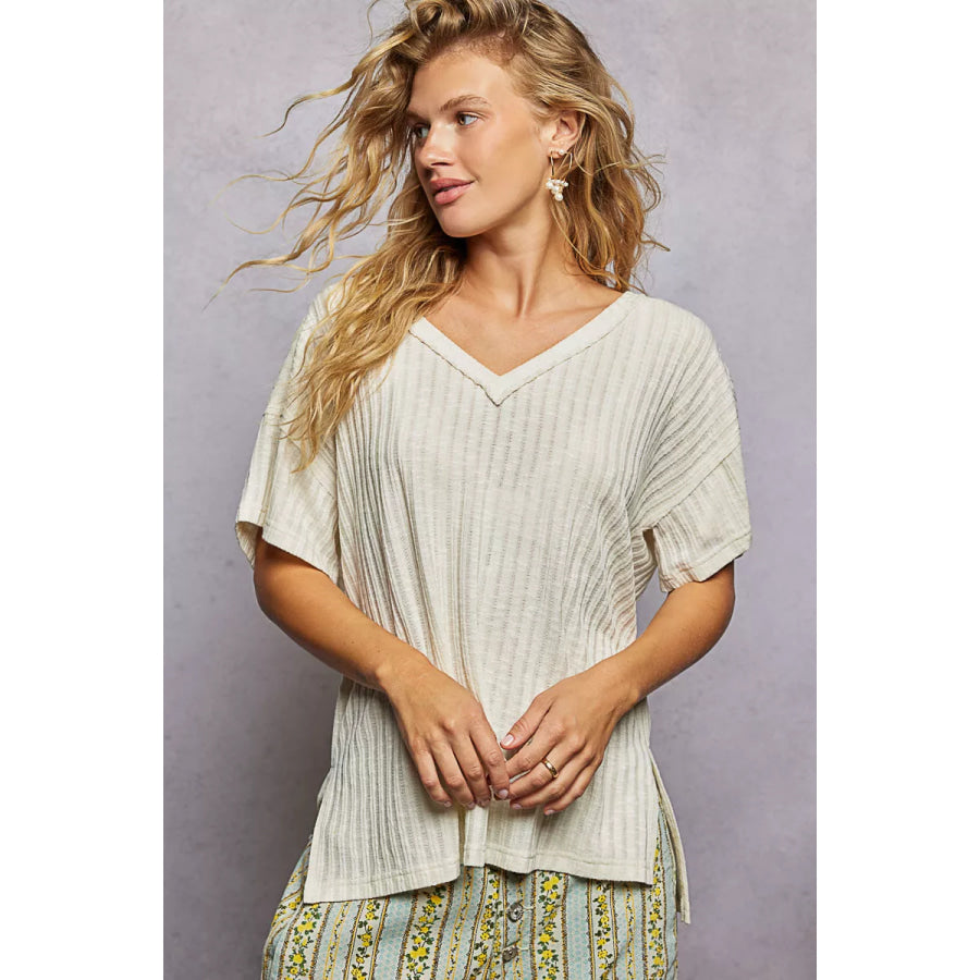 POL Ribbed Knit V-Neck Short Sleeve T-Shirt with Side Slit Apparel and Accessories