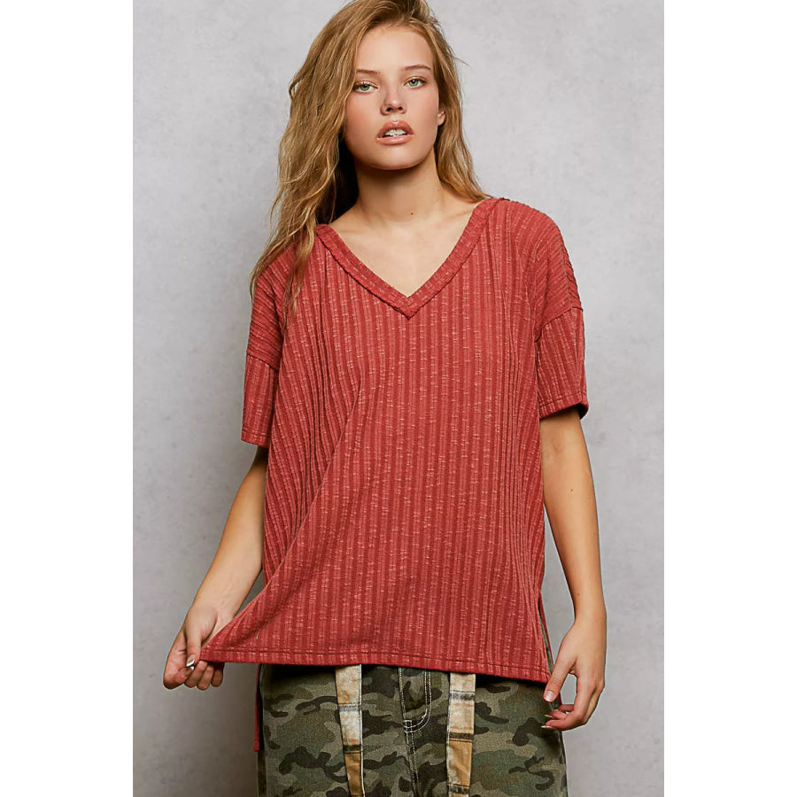 POL Ribbed Knit V-Neck Short Sleeve T-Shirt with Side Slit Apparel and Accessories