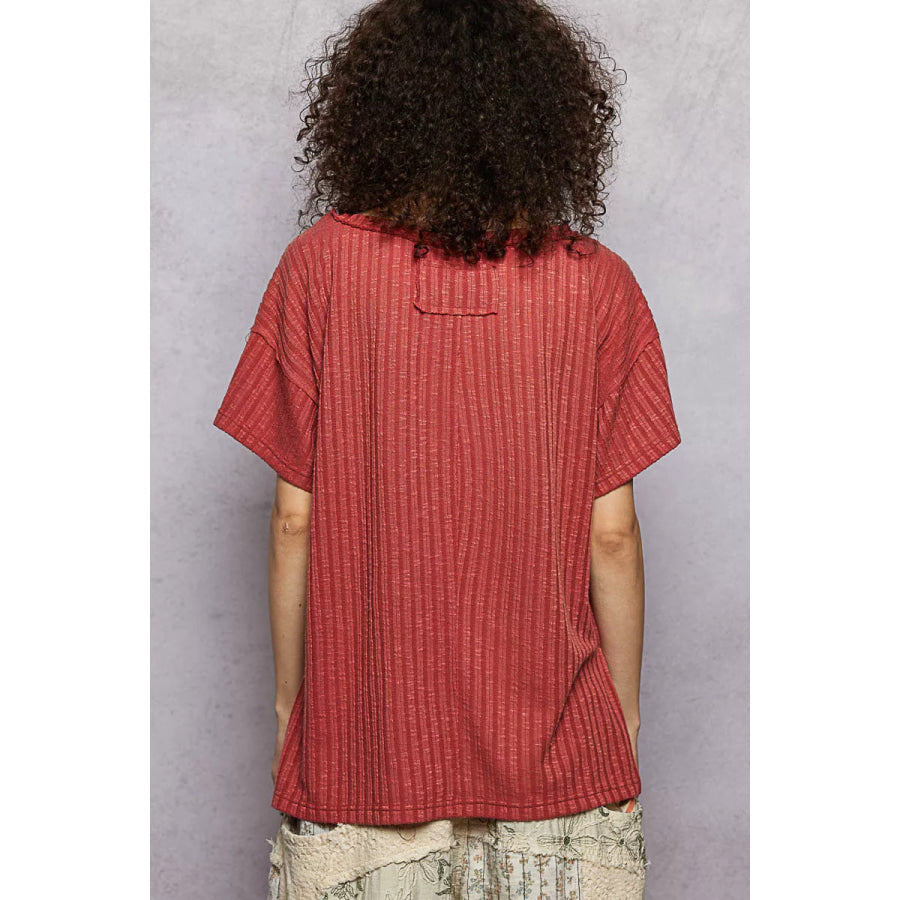 POL Ribbed Knit V-Neck Short Sleeve T-Shirt with Side Slit Apparel and Accessories