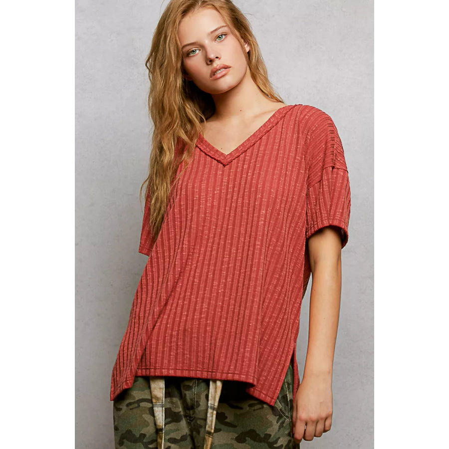POL Ribbed Knit V-Neck Short Sleeve T-Shirt with Side Slit Apparel and Accessories