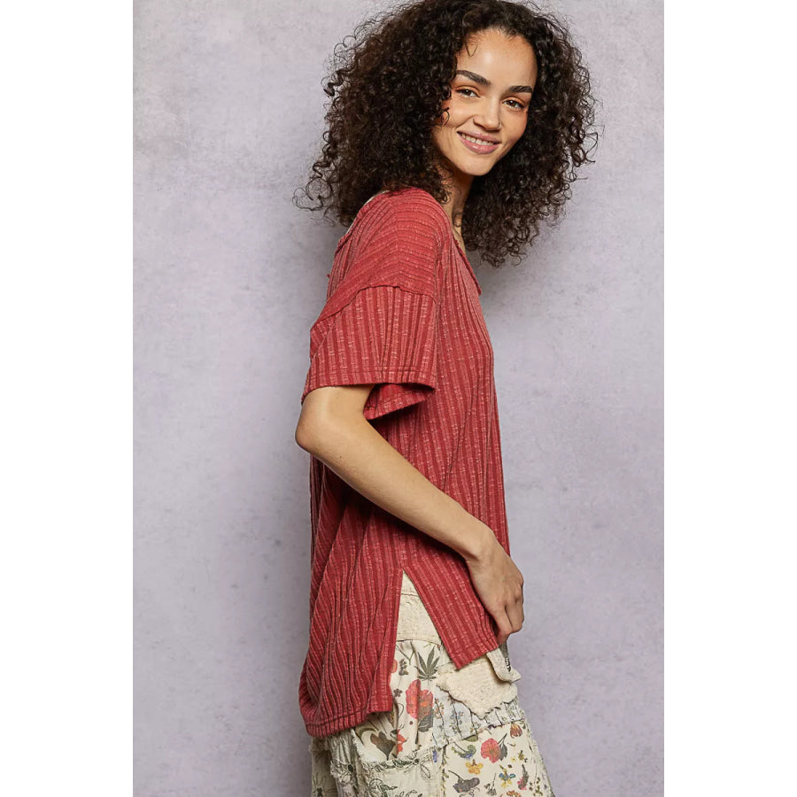 POL Ribbed Knit V-Neck Short Sleeve T-Shirt with Side Slit Apparel and Accessories