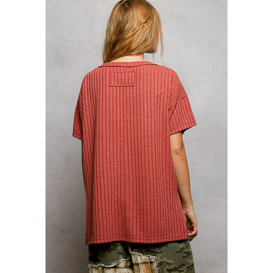 POL Ribbed Knit V-Neck Short Sleeve T-Shirt with Side Slit Apparel and Accessories