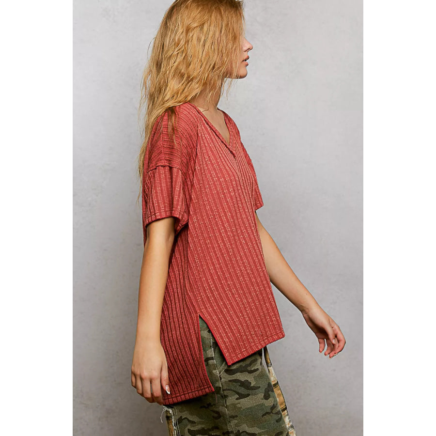 POL Ribbed Knit V-Neck Short Sleeve T-Shirt with Side Slit Apparel and Accessories