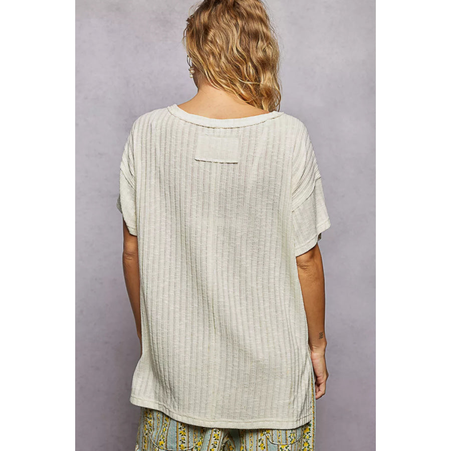 POL Ribbed Knit V-Neck Short Sleeve T-Shirt with Side Slit Apparel and Accessories