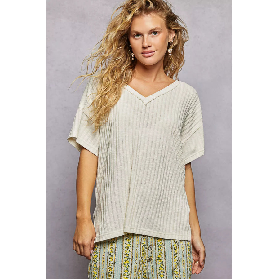 POL Ribbed Knit V-Neck Short Sleeve T-Shirt with Side Slit NATURAL / S Apparel and Accessories