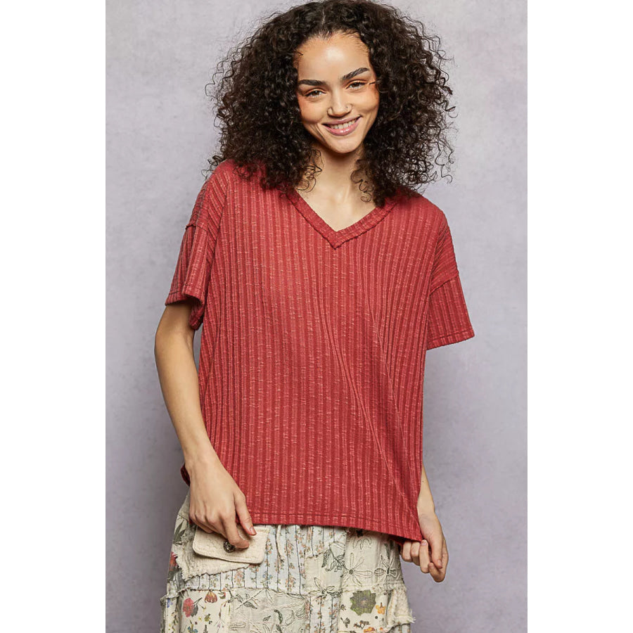 POL Ribbed Knit V-Neck Short Sleeve T-Shirt with Side Slit TERRA COTTA / S Apparel and Accessories