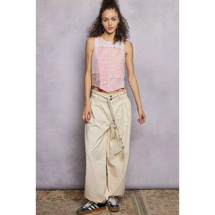 POL Ribbed Round Neck Cropped Tank with Lace Detail Apparel and Accessories