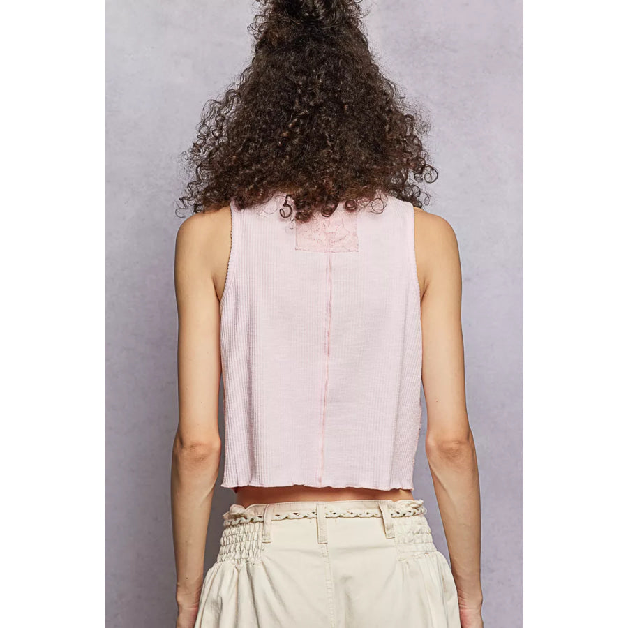 POL Ribbed Round Neck Cropped Tank with Lace Detail Apparel and Accessories
