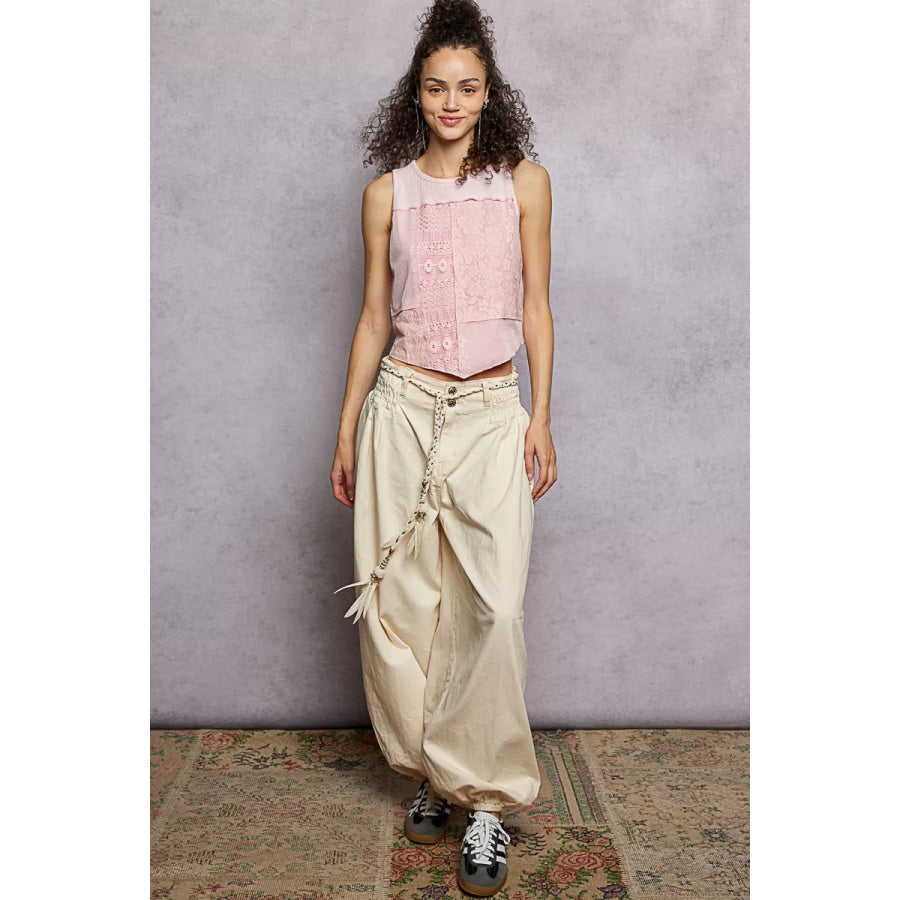 POL Ribbed Round Neck Cropped Tank with Lace Detail Apparel and Accessories