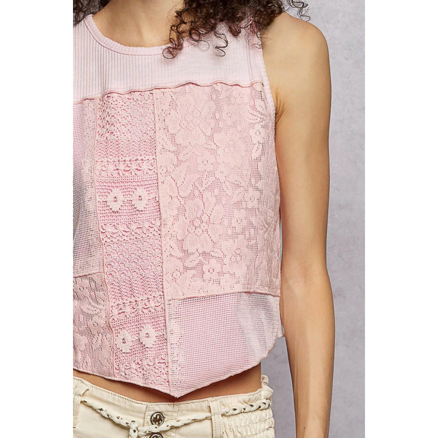 POL Ribbed Round Neck Cropped Tank with Lace Detail Apparel and Accessories