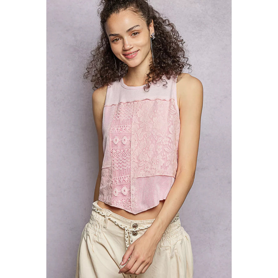 POL Ribbed Round Neck Cropped Tank with Lace Detail Apparel and Accessories