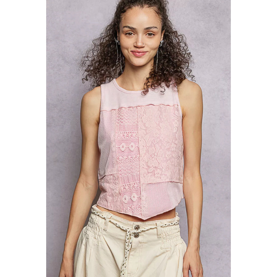 POL Ribbed Round Neck Cropped Tank with Lace Detail PINK BLUSH / S Apparel and Accessories