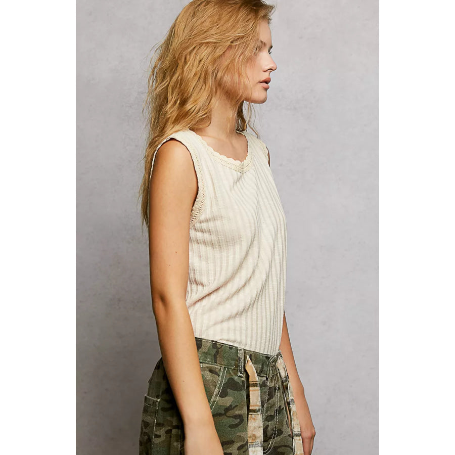 POL Ribbed Round Neck Tank with Lace Trim Apparel and Accessories