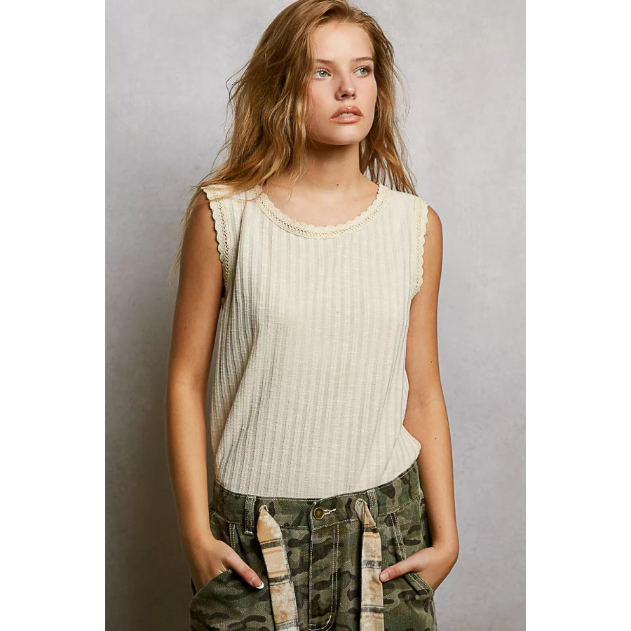 POL Ribbed Round Neck Tank with Lace Trim Apparel and Accessories