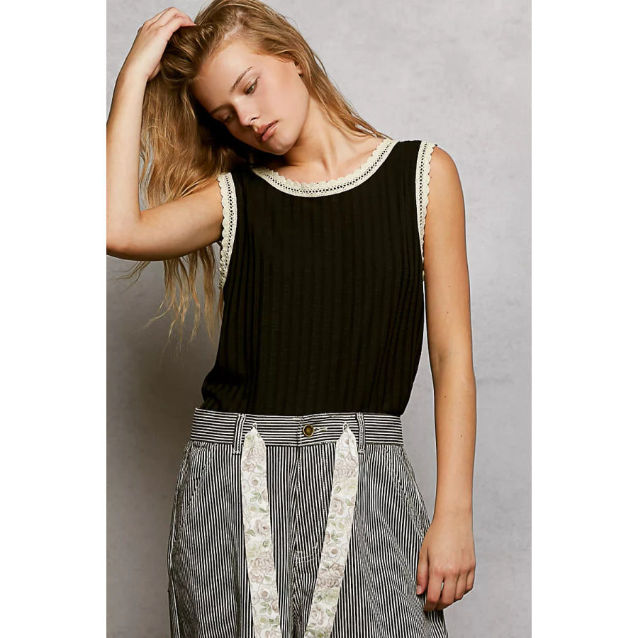 POL Ribbed Round Neck Tank with Lace Trim Black / S Apparel and Accessories
