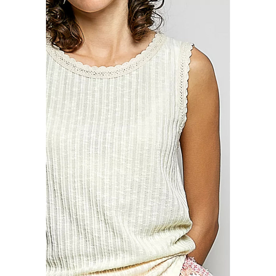 POL Ribbed Round Neck Tank with Lace Trim Apparel and Accessories